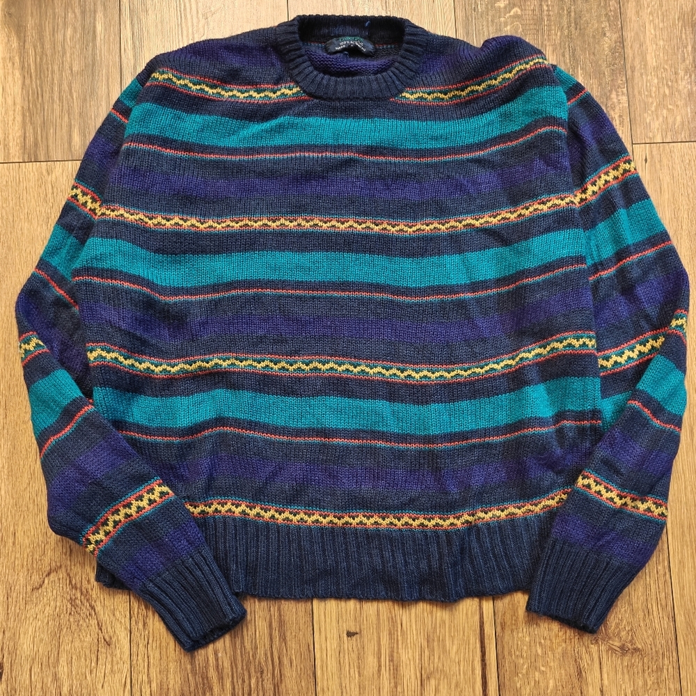 VTG Grandpa Sweater Cable Knit Pullover Crewneck Stripe Eclectic Cozy Mens Large